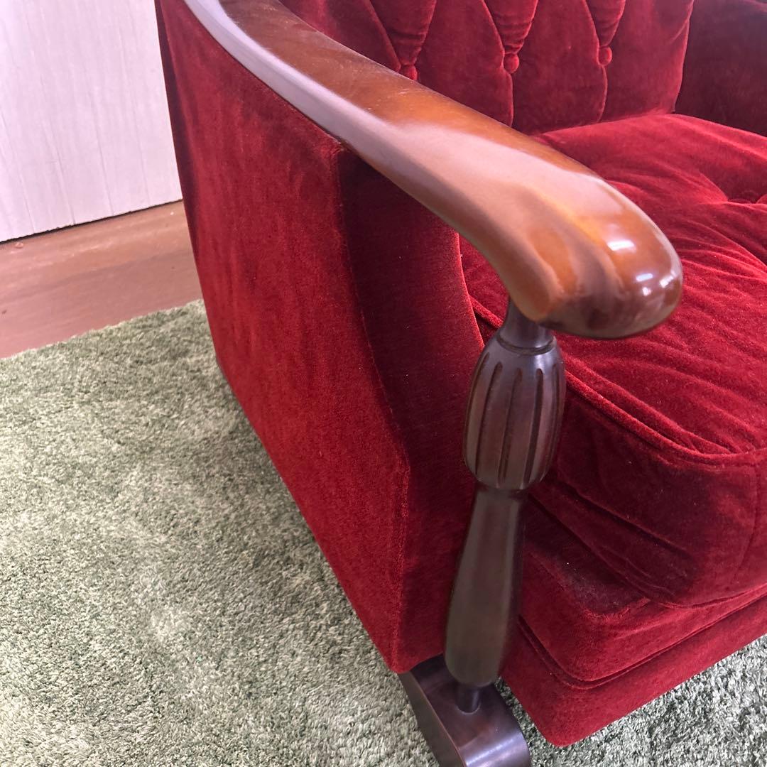 ① 昭和レトロ 古家具 一人掛けベロアソファー アームチェア ヴィンテージ 赤