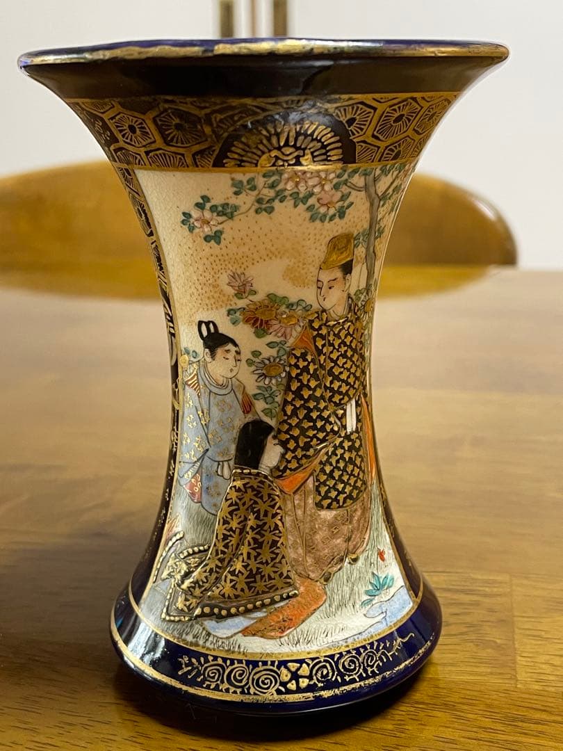 京薩摩　瑠璃金蘭手人物図広口小瓶　楠部造　古美術　骨董　直しあり