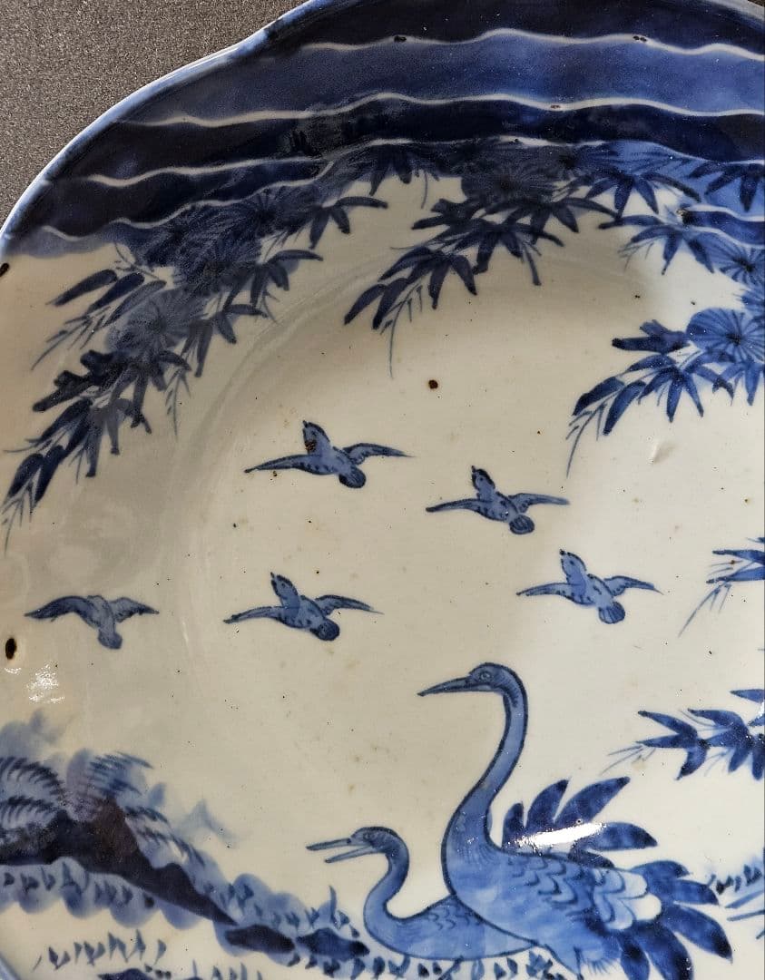 江戸時代後期　古伊万里　染付　鶴に小鳥に 松竹の図　27.8cm　大鉢　盛り器