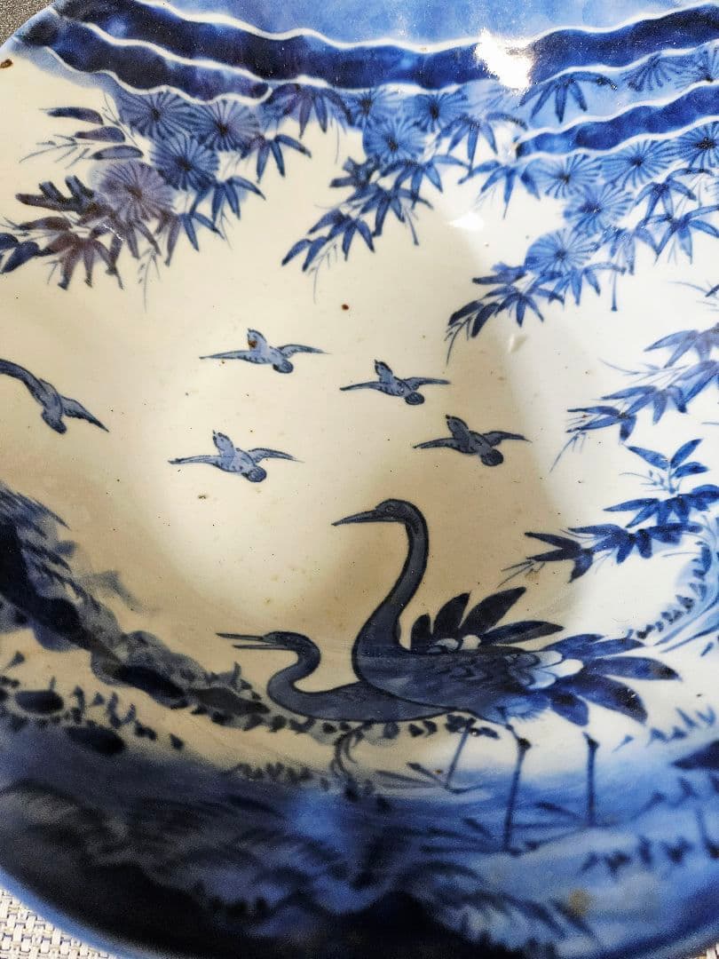 江戸時代後期　古伊万里　染付　鶴に小鳥に 松竹の図　27.8cm　大鉢　盛り器