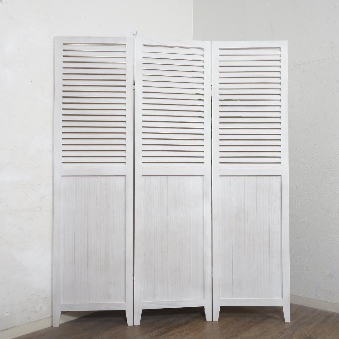 【新品】木製ルーバー パーテーション 3連　シャビーホワイト　アンティーク調