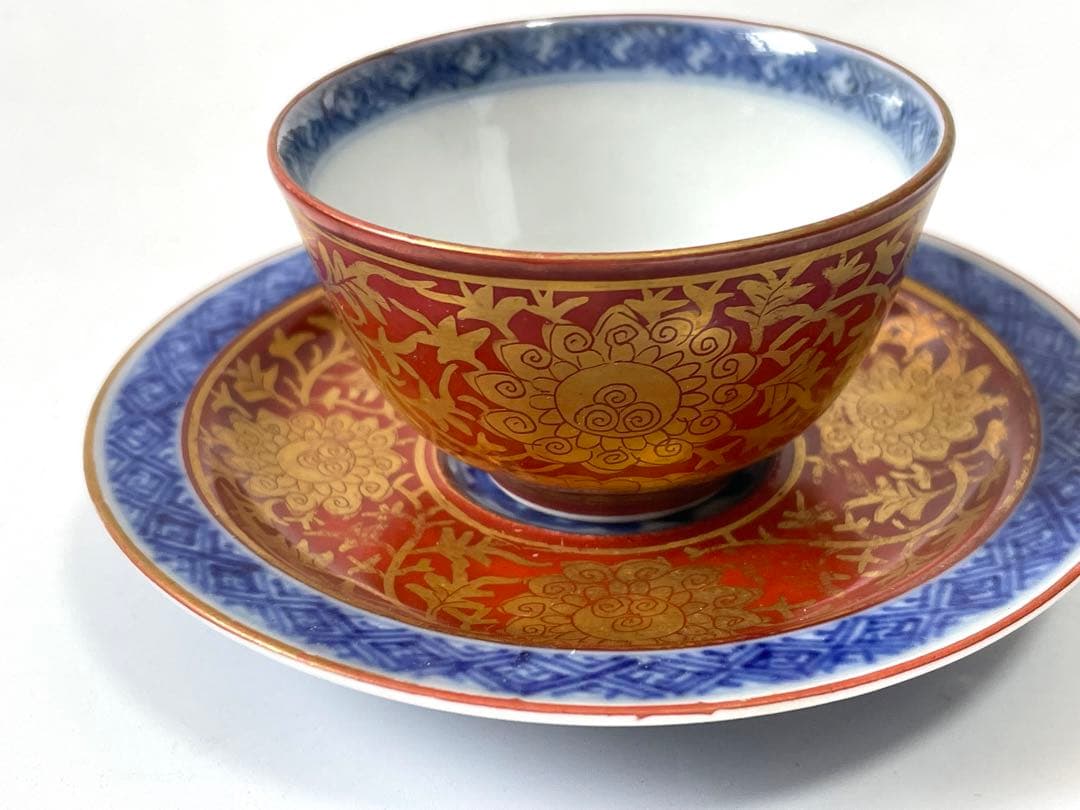 陶芸家 作家物 須田菁華 青華 金襴手台付盃 煎茶碗 杯 カップ 共箱