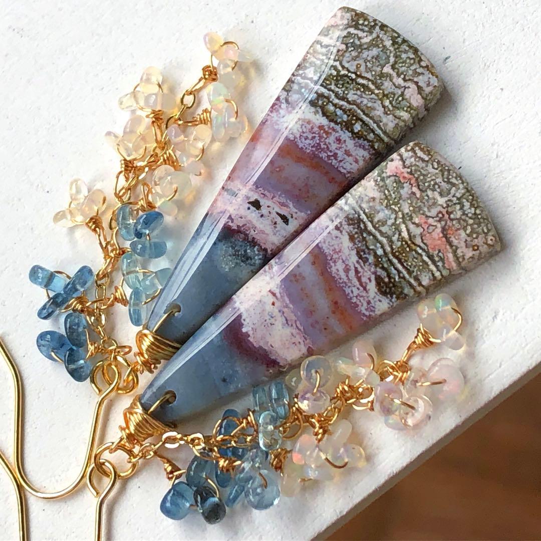 天然石ブルーパープルオーシャンジャスパーのピアス14kgf