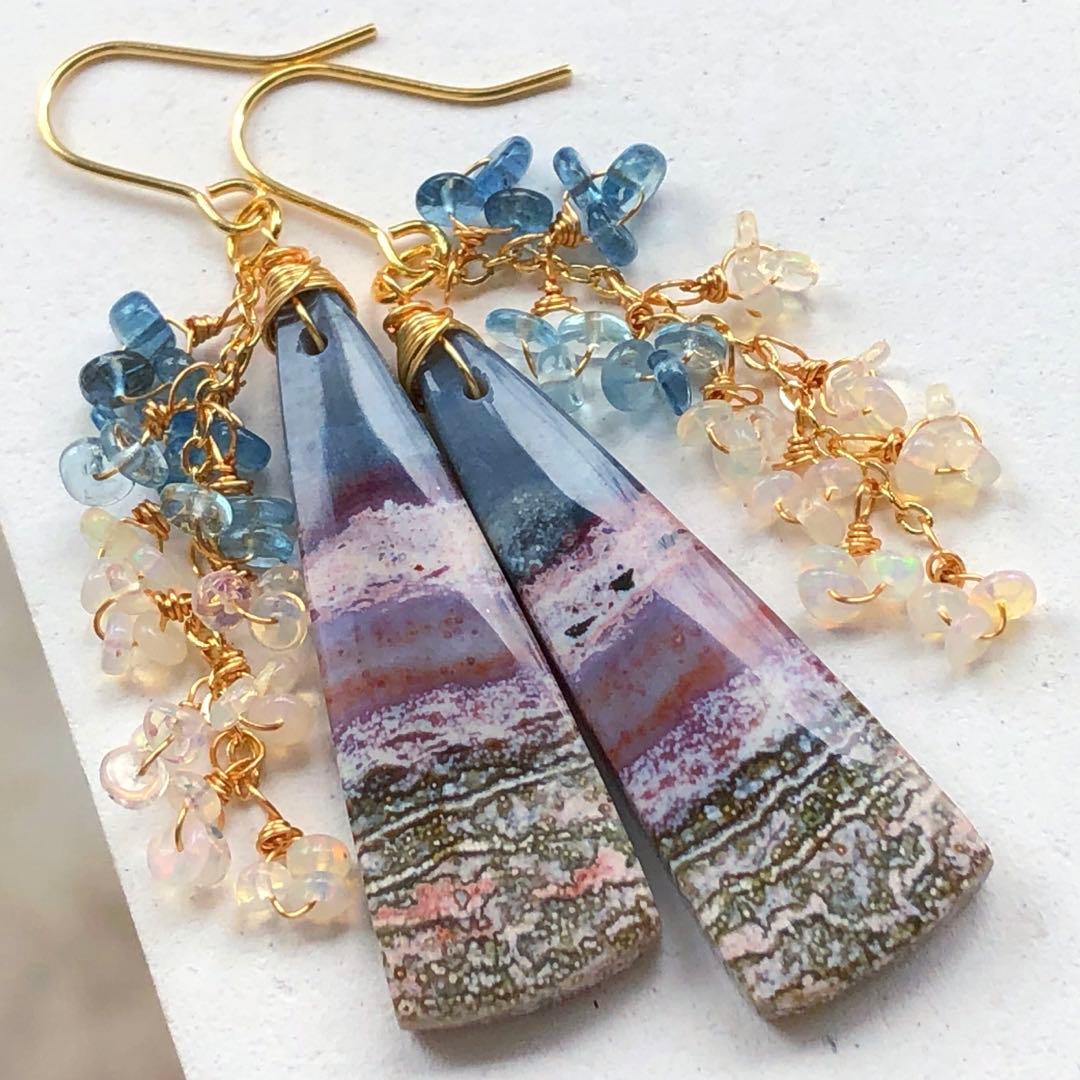 天然石ブルーパープルオーシャンジャスパーのピアス14kgf