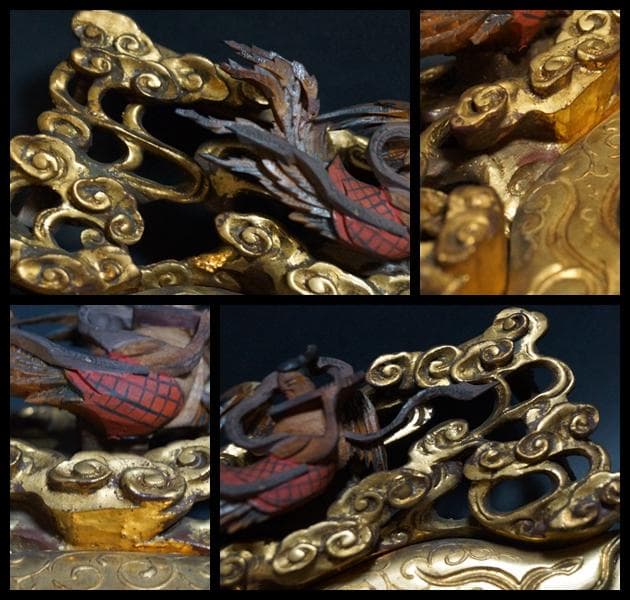 江戸末期一刀彫り高浮彫『天女飛天図』 木造彩漆金箔 木彫欄間飾り置物オブジェ