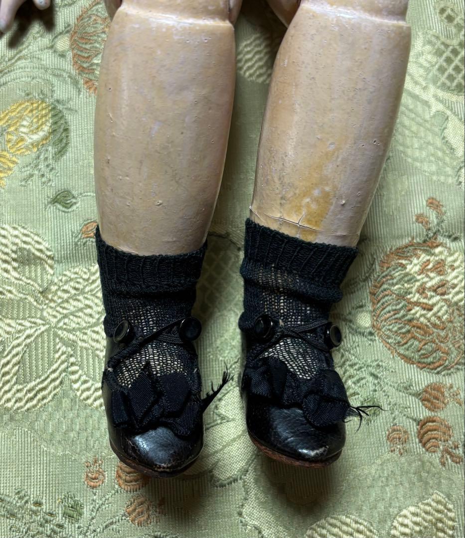 セール中　アンティークビスクドール用シューズ　ブリュシューズ　革製　ソックス付き