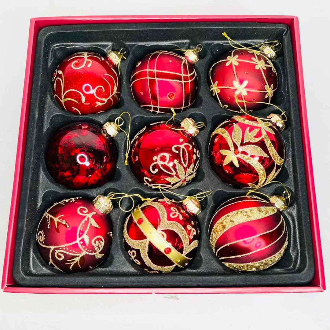 コストコ クリスマス オーナメント 赤 ガラス 大玉9個 箱付　ツリー用