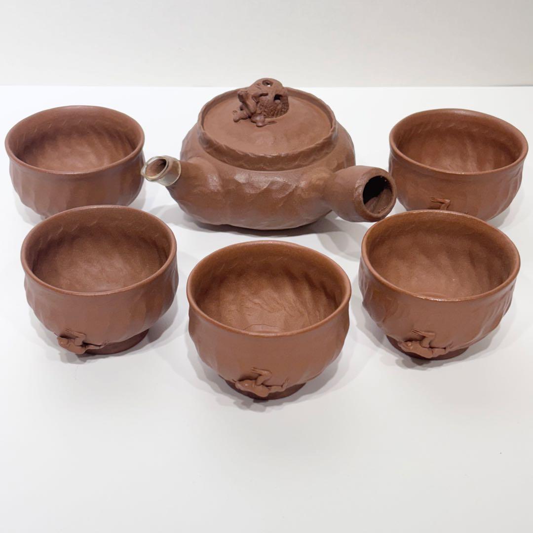 希少！新品・未使用品！田嶋萬古焼 手捻り 蛙 かえる 急須 湯呑み 茶器