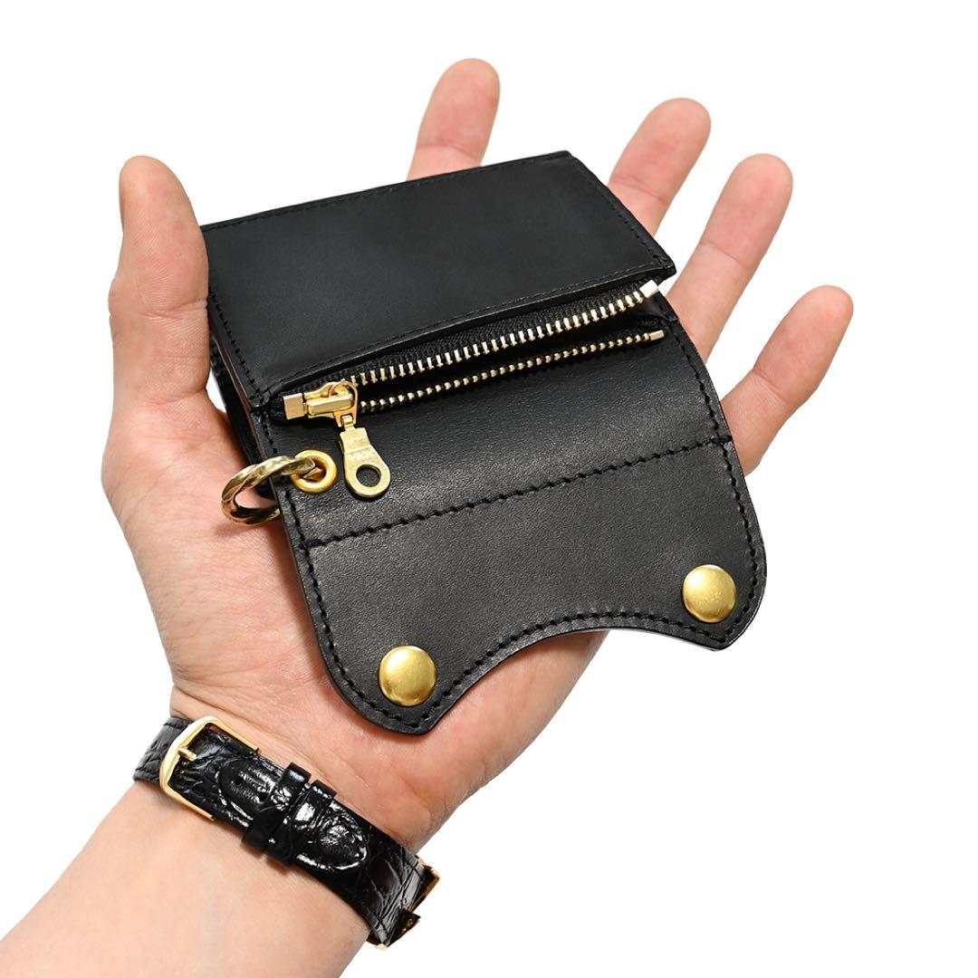 牛革コンパクトトラッカーウォレット ブラックレザー カウハイド ミニ