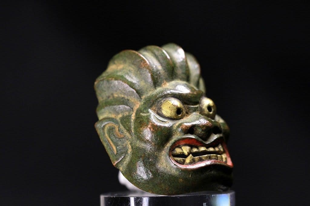 兎門 在銘 柘植彫 彩色 面根付 「雅楽面」 江戸時代