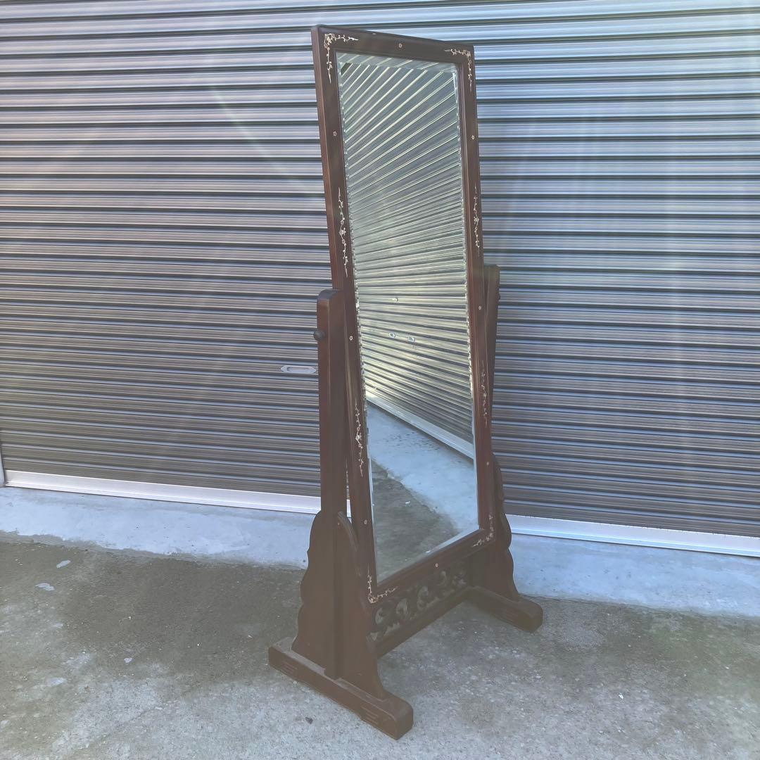 中国唐木 花梨材 螺鈿細工 大型姿見 全身鏡 スタンドミラー 古家具