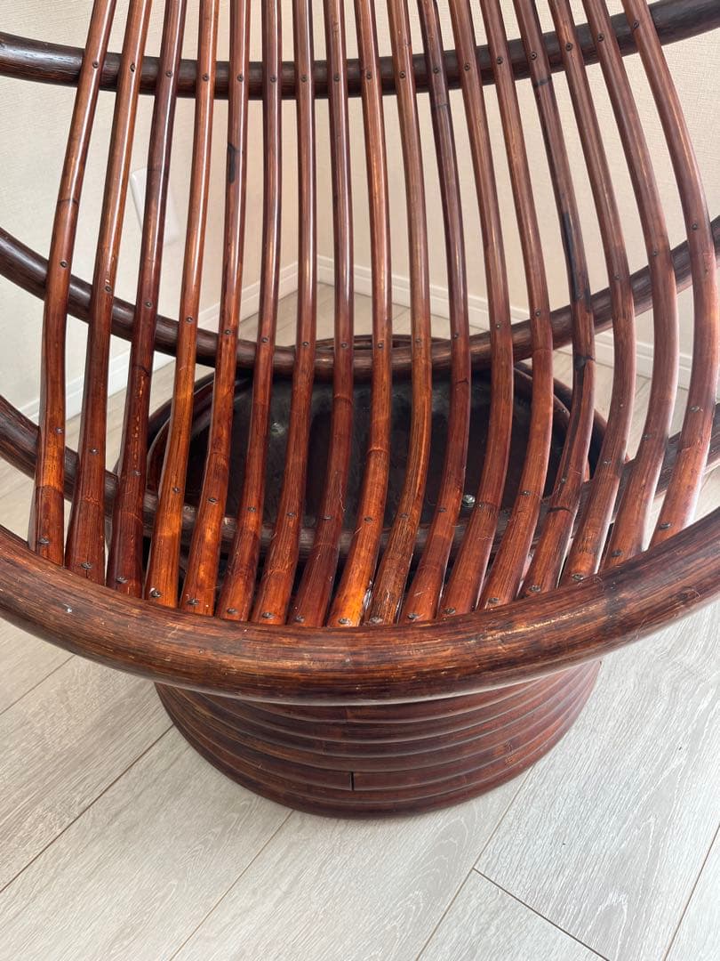 引き取り限定】ラタンチェア 360度 回転式 籐家具 昭和レトロ