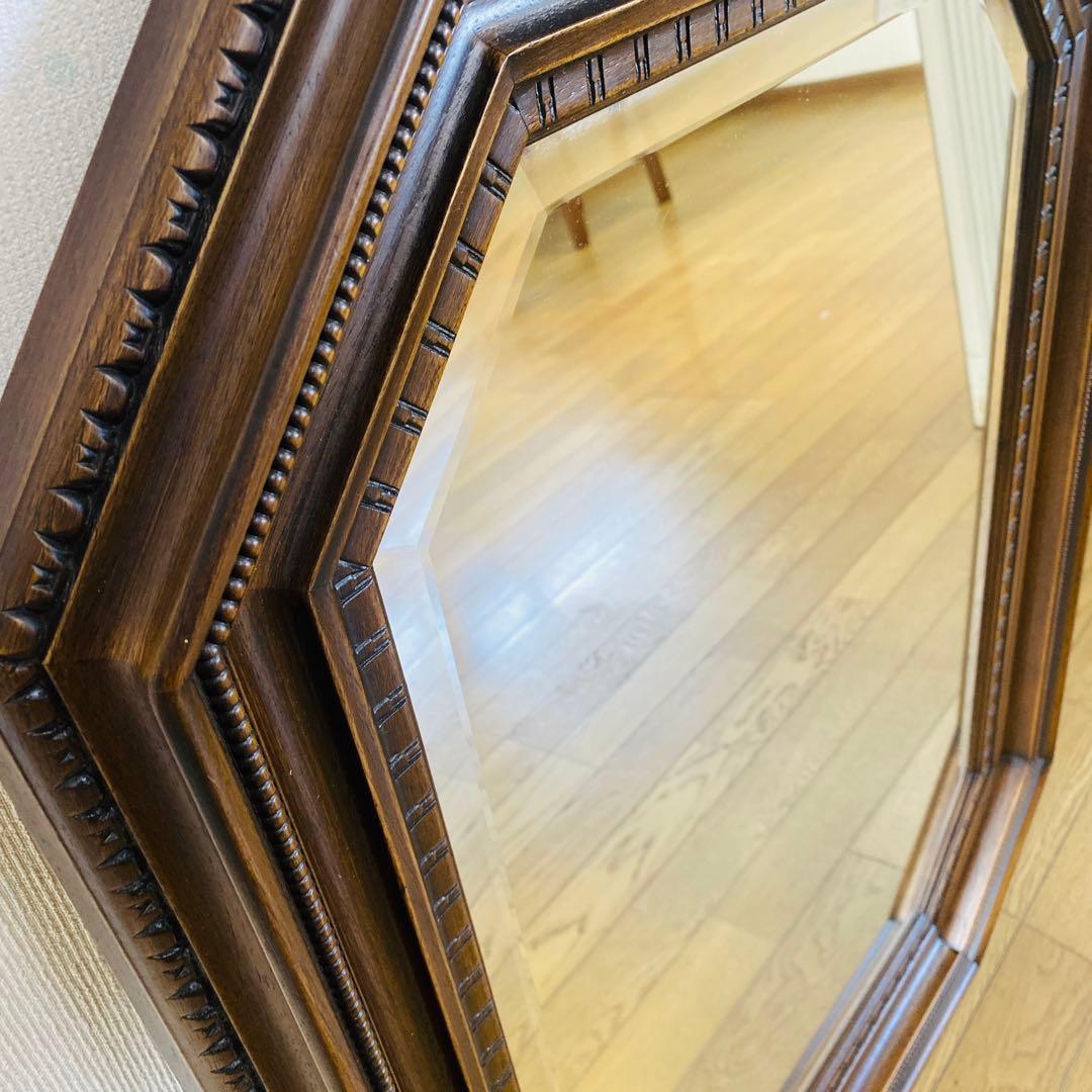 イタリア製　ミラー　姿見　ウォールミラー　木製フレーム　八角　面取り　特大サイズ