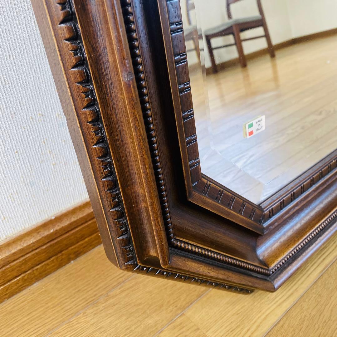 イタリア製　ミラー　姿見　ウォールミラー　木製フレーム　八角　面取り　特大サイズ