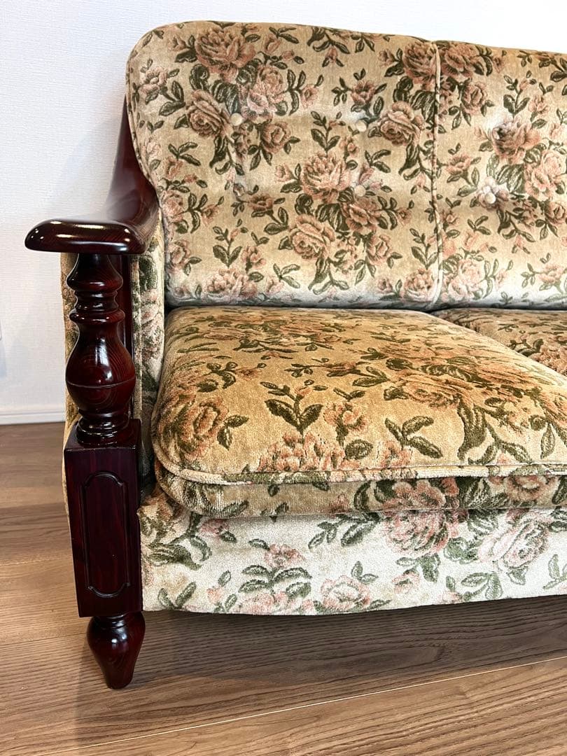 オールドカリモク 3Pソファ／花柄ファブリック／ヴィンテージ