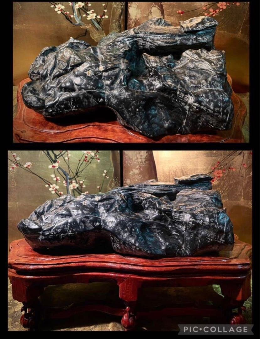 5602 老黒 霊璧石 横47(cm)24.34kg 唐渡石霊壁石骨董盆石