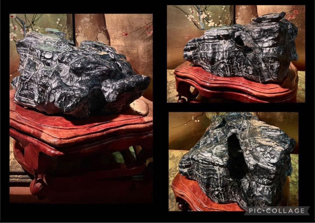 5602 老黒 霊璧石 横47(cm)24.34kg 唐渡石霊壁石骨董盆石