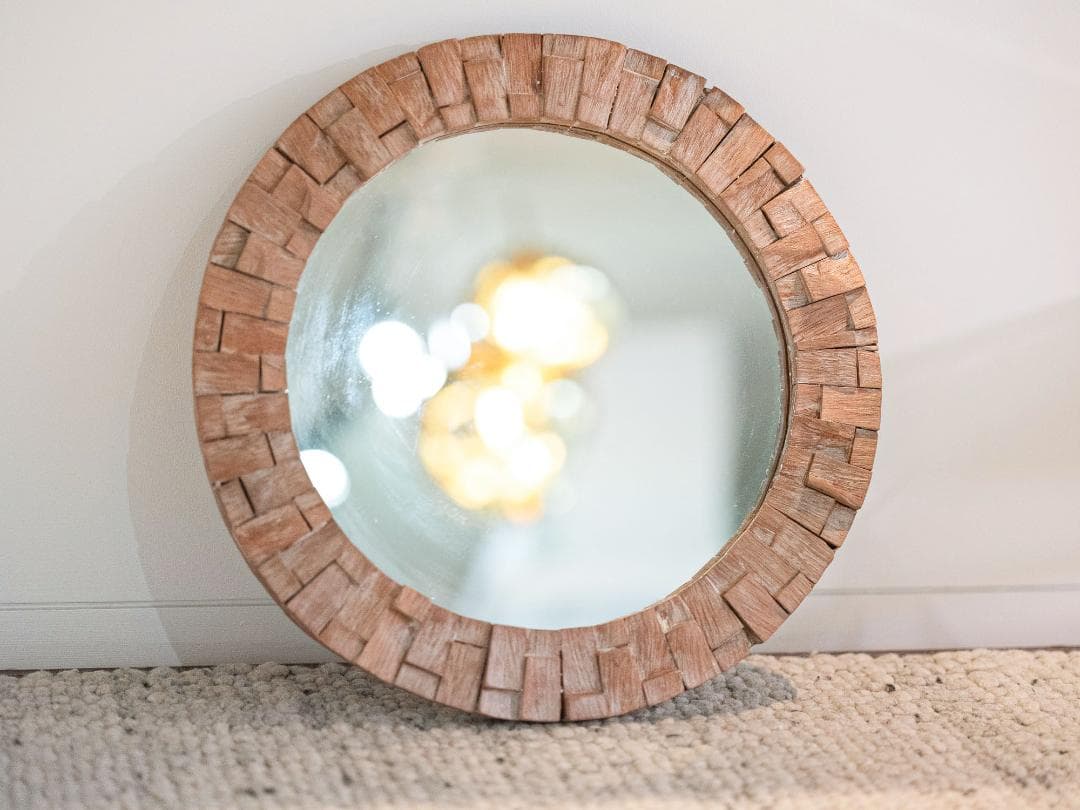 バリ島買付 木製フレーム 丸鏡 直径53cm｜ナチュラル ウォールミラー