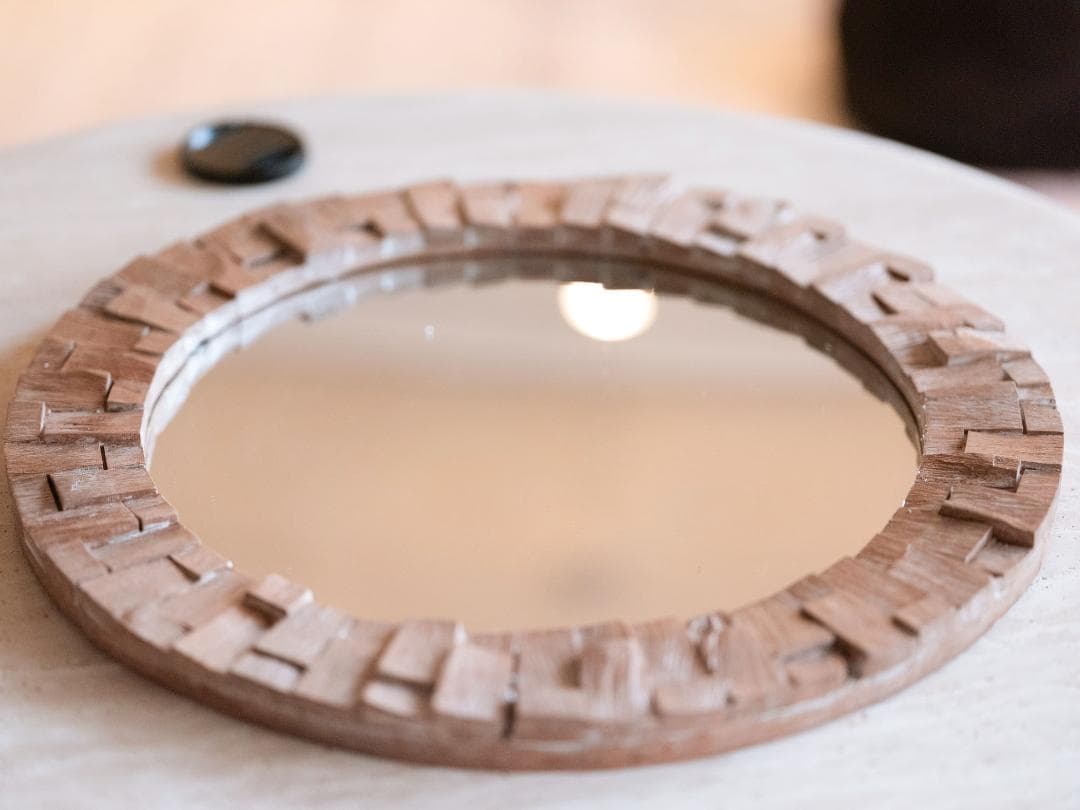 バリ島買付 木製フレーム 丸鏡 直径53cm｜ナチュラル ウォールミラー