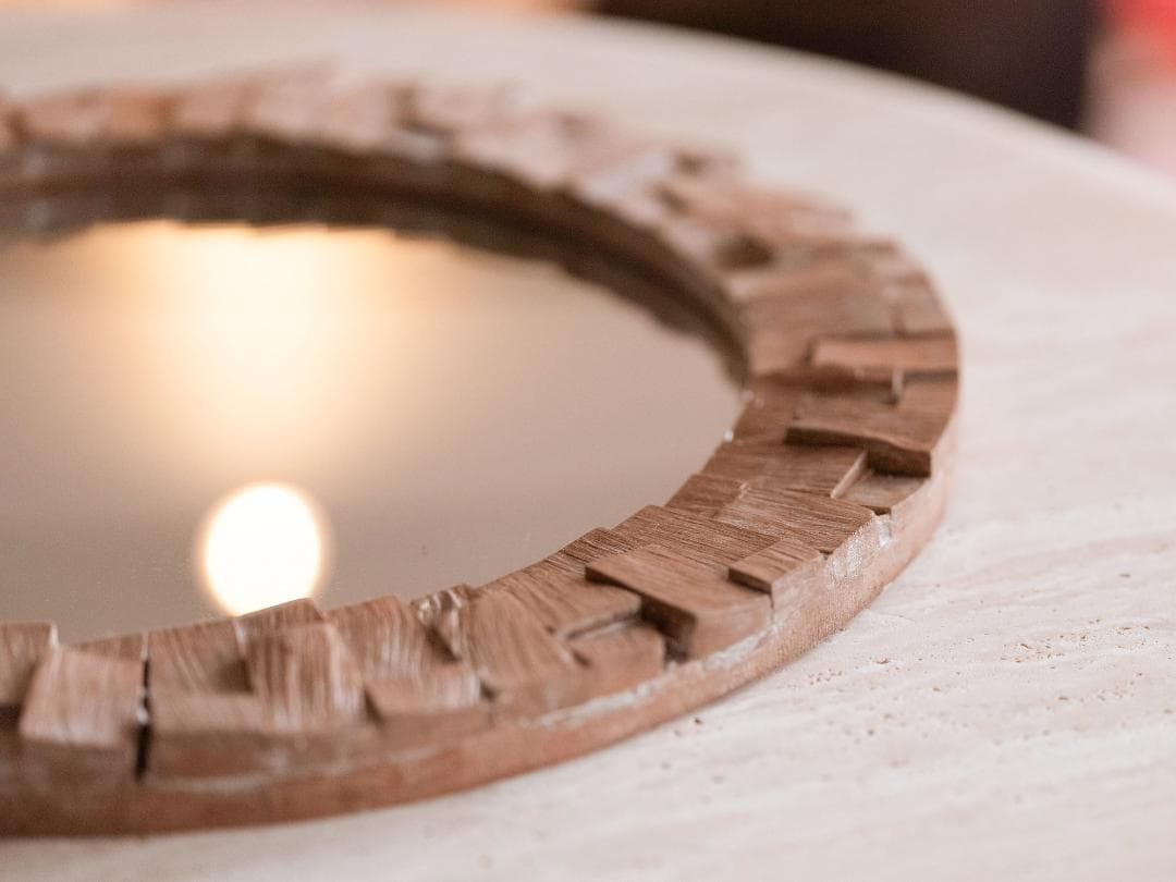 バリ島買付 木製フレーム 丸鏡 直径53cm｜ナチュラル ウォールミラー