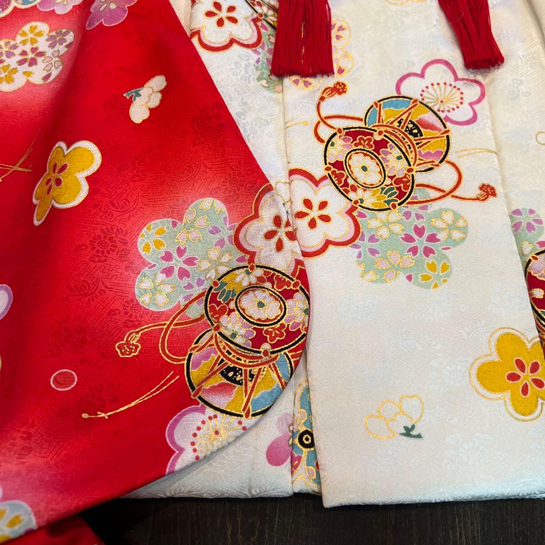 ラ*ン様 七五三 三歳 着物 被布 小物一式 フルセット 正絹 梅 鼓 肌襦袢付