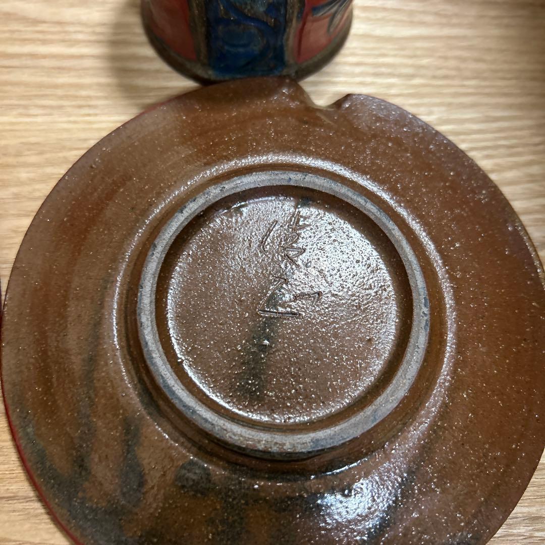 沖縄 やちむん 魚紋 壺屋焼 赤絵 小橋川清正 カップ＆ソーサー 2客