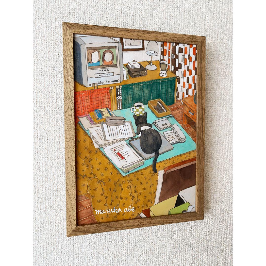 《送料無料》原画「こたつの猫」猫イラスト インテリアアート