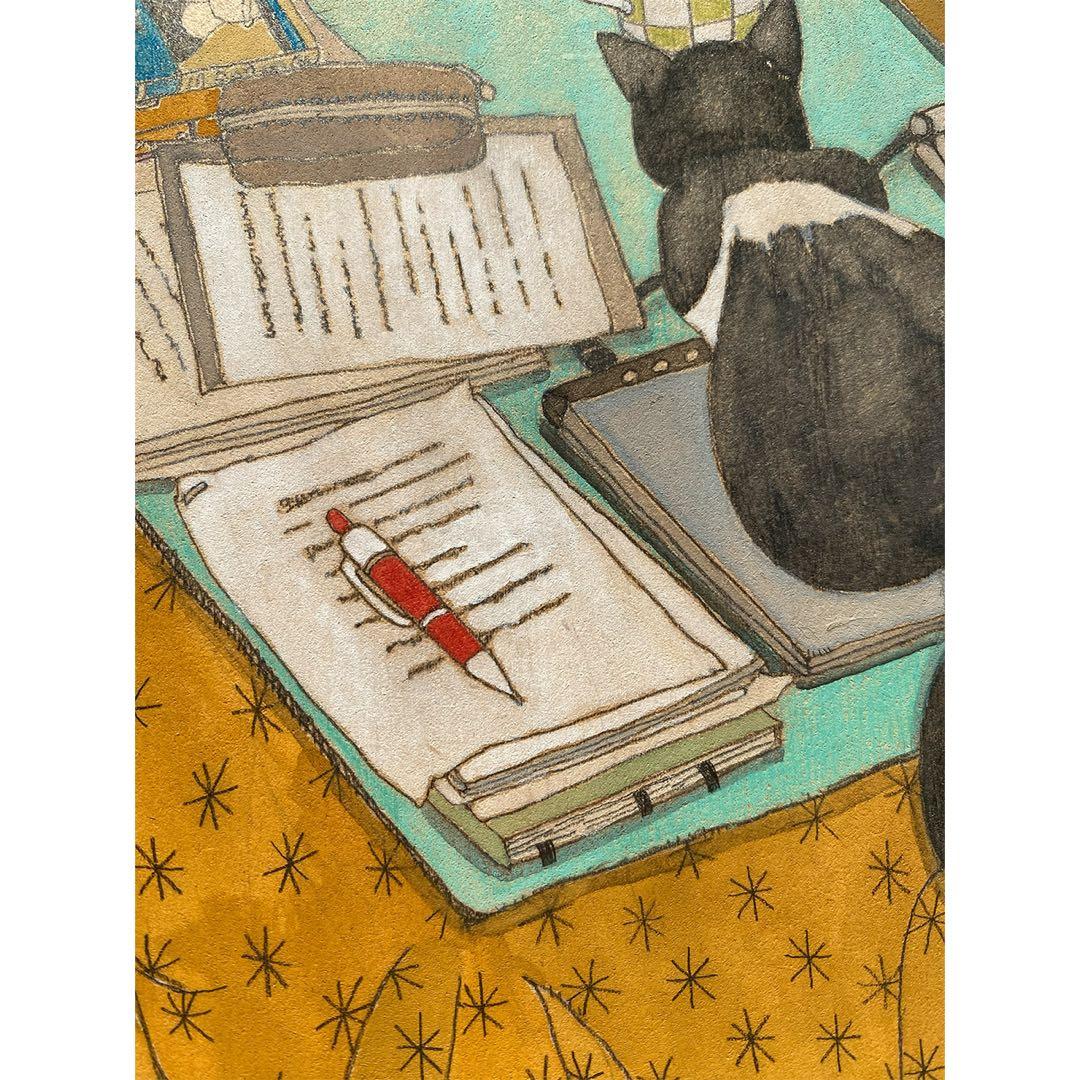《送料無料》原画「こたつの猫」猫イラスト インテリアアート