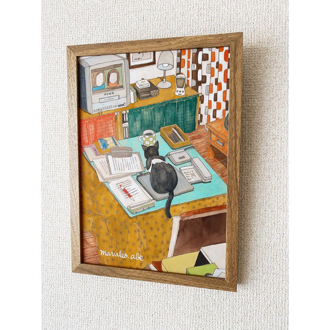 《送料無料》原画「こたつの猫」猫イラスト インテリアアート