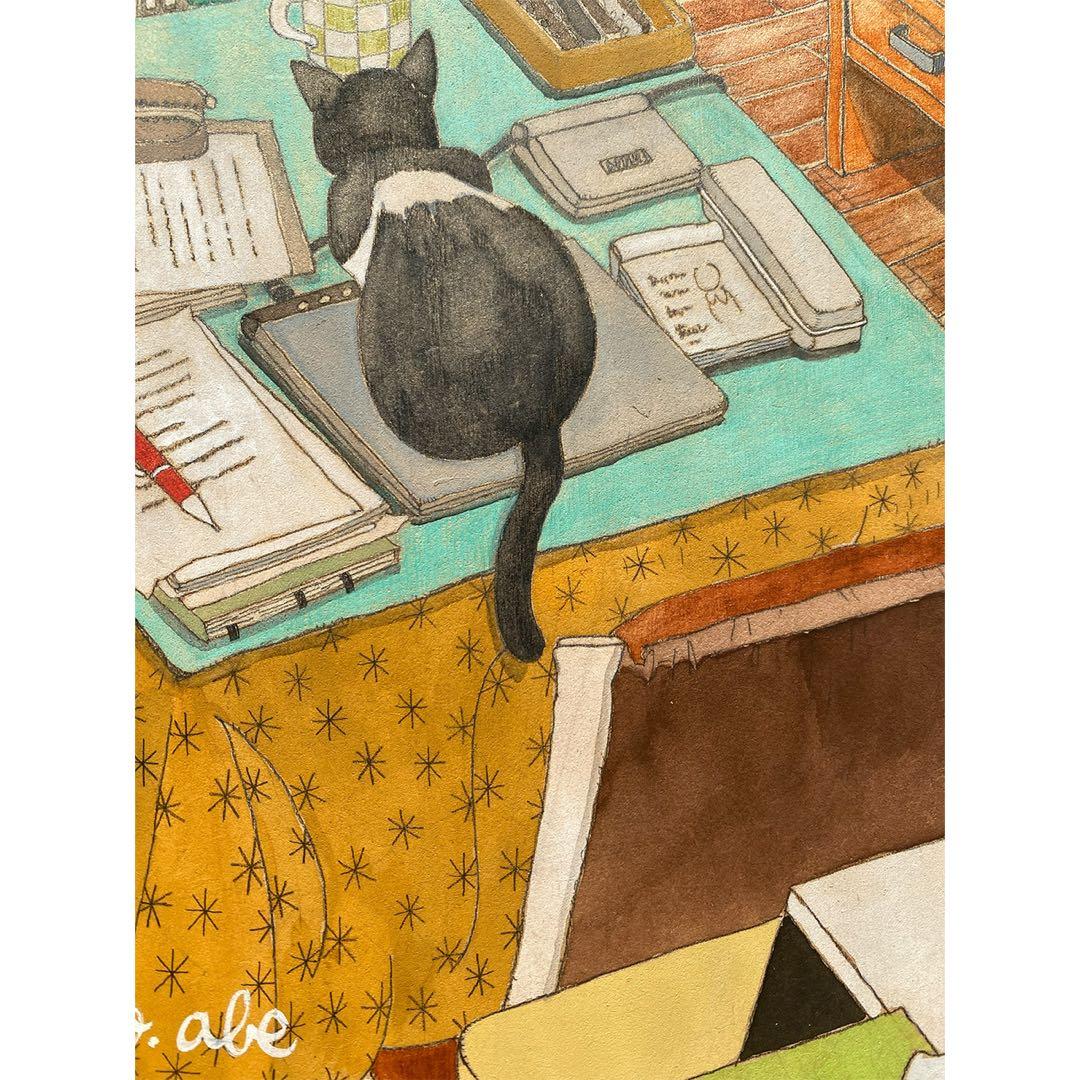 《送料無料》原画「こたつの猫」猫イラスト インテリアアート