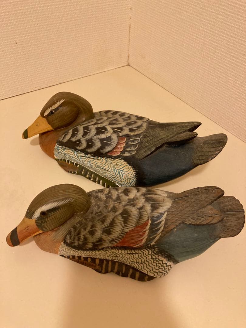 木製カモ手彫り彫刻 2体セット
