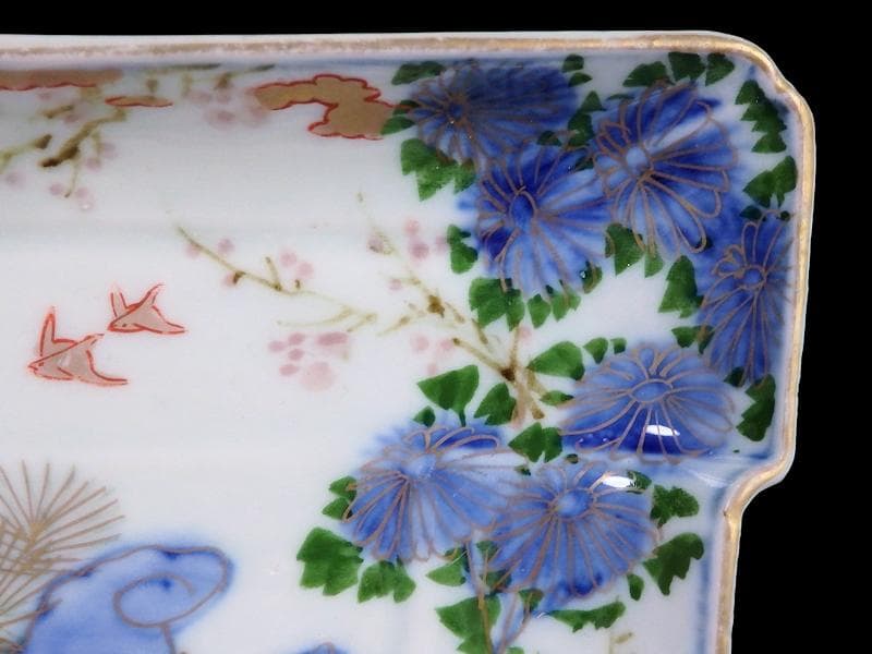 古伊万里　染錦　梅に菊　松に短冊の図　変形長皿　５客　B048AS-CWx