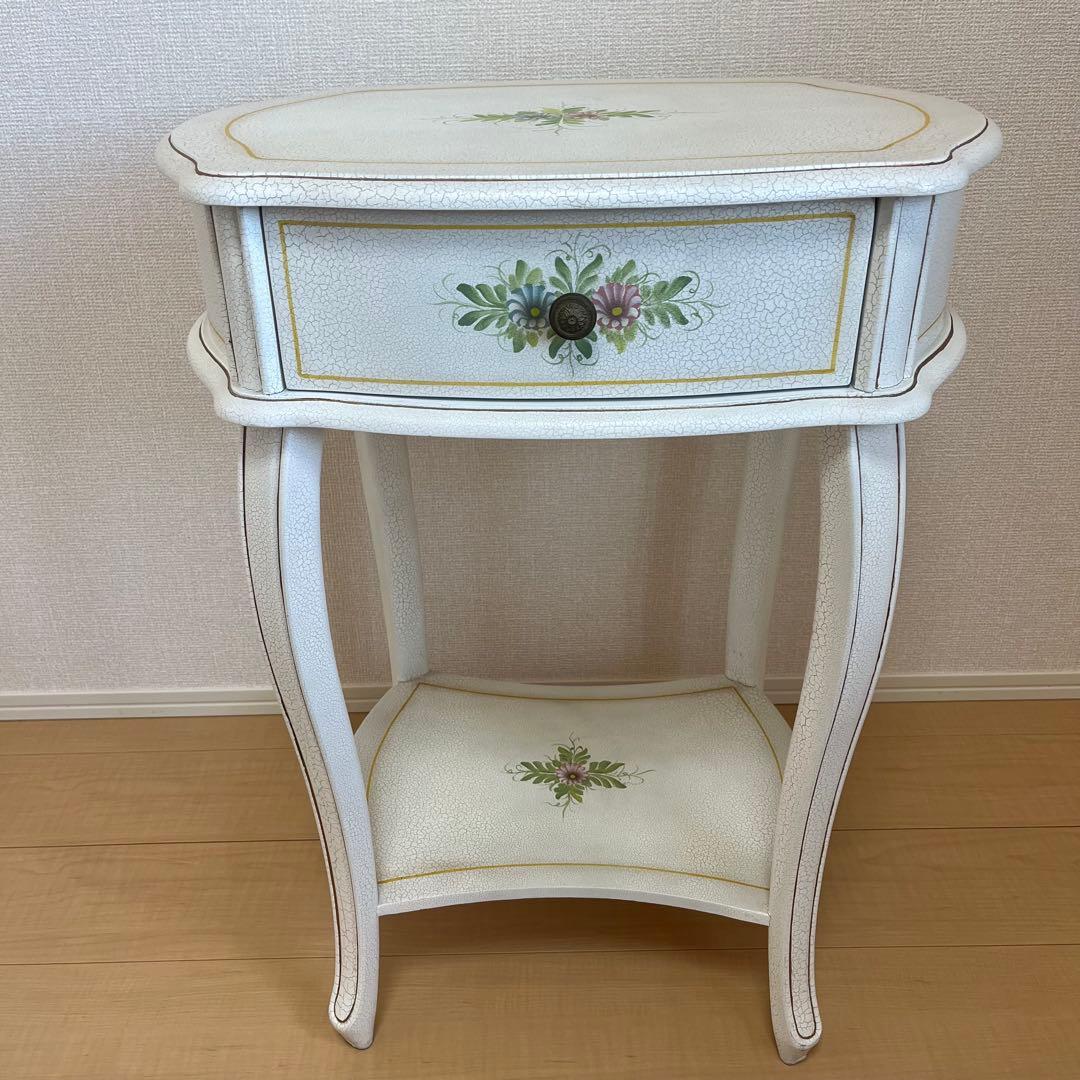 【希少】アンティーク調 フラワーペイント 猫脚サイドテーブル 引き出し付 北欧