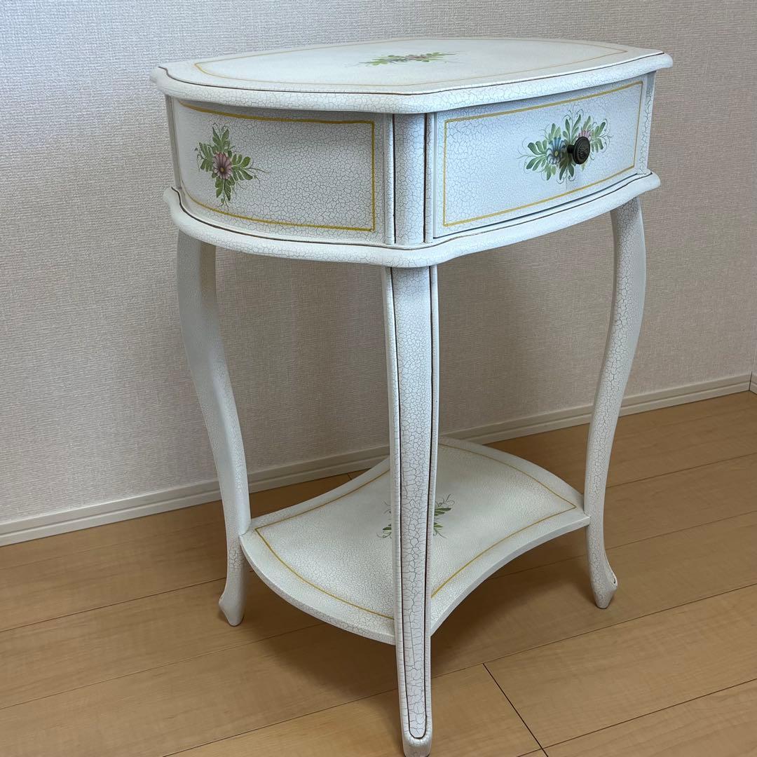 【希少】アンティーク調 フラワーペイント 猫脚サイドテーブル 引き出し付 北欧