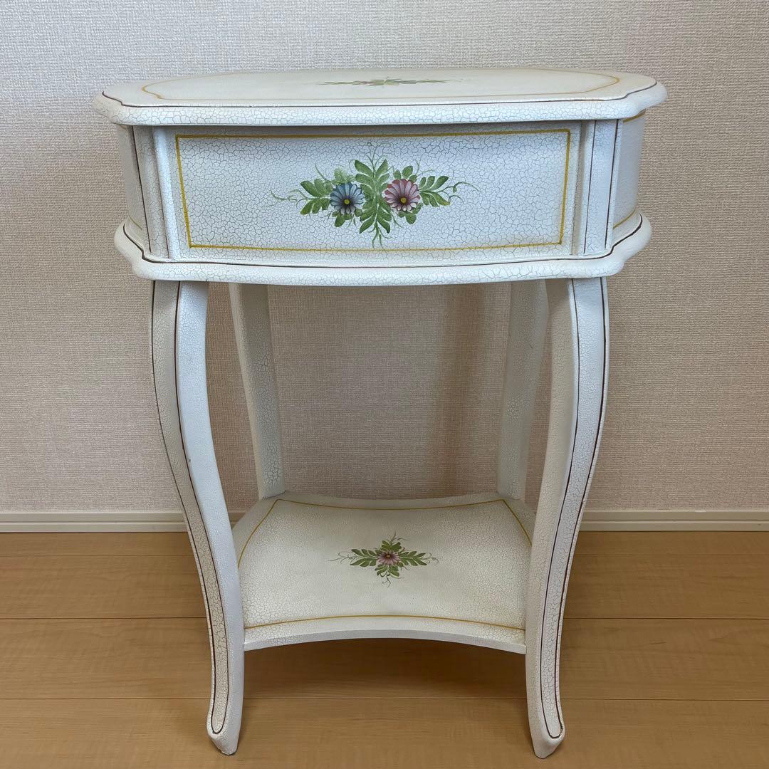 【希少】アンティーク調 フラワーペイント 猫脚サイドテーブル 引き出し付 北欧