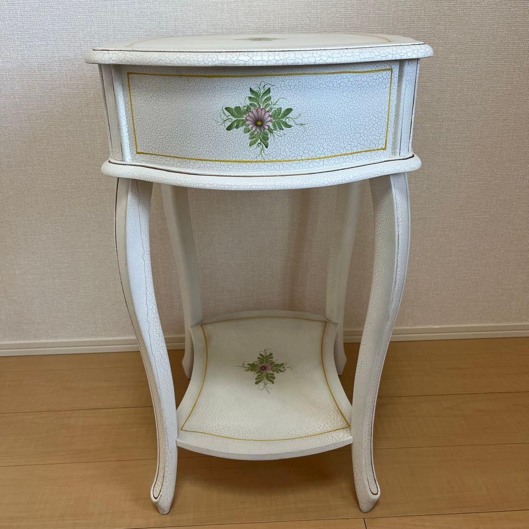 【希少】アンティーク調 フラワーペイント 猫脚サイドテーブル 引き出し付 北欧