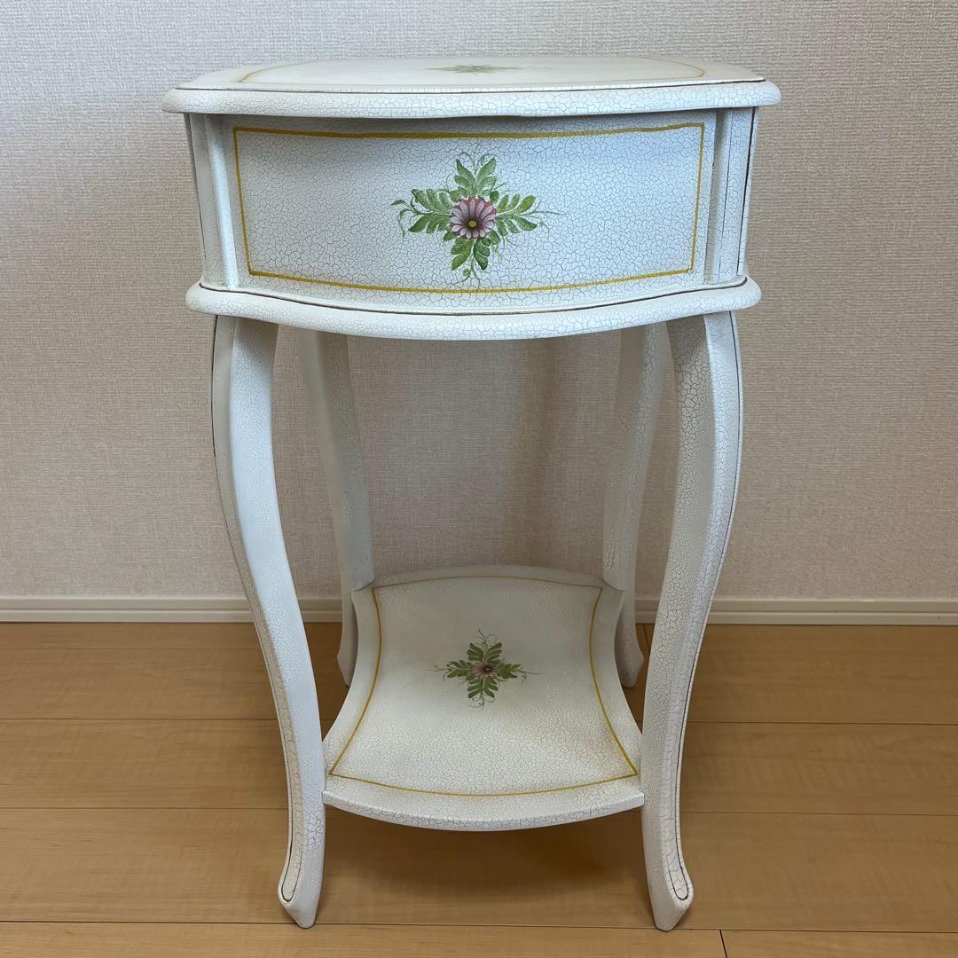 【希少】アンティーク調 フラワーペイント 猫脚サイドテーブル 引き出し付 北欧