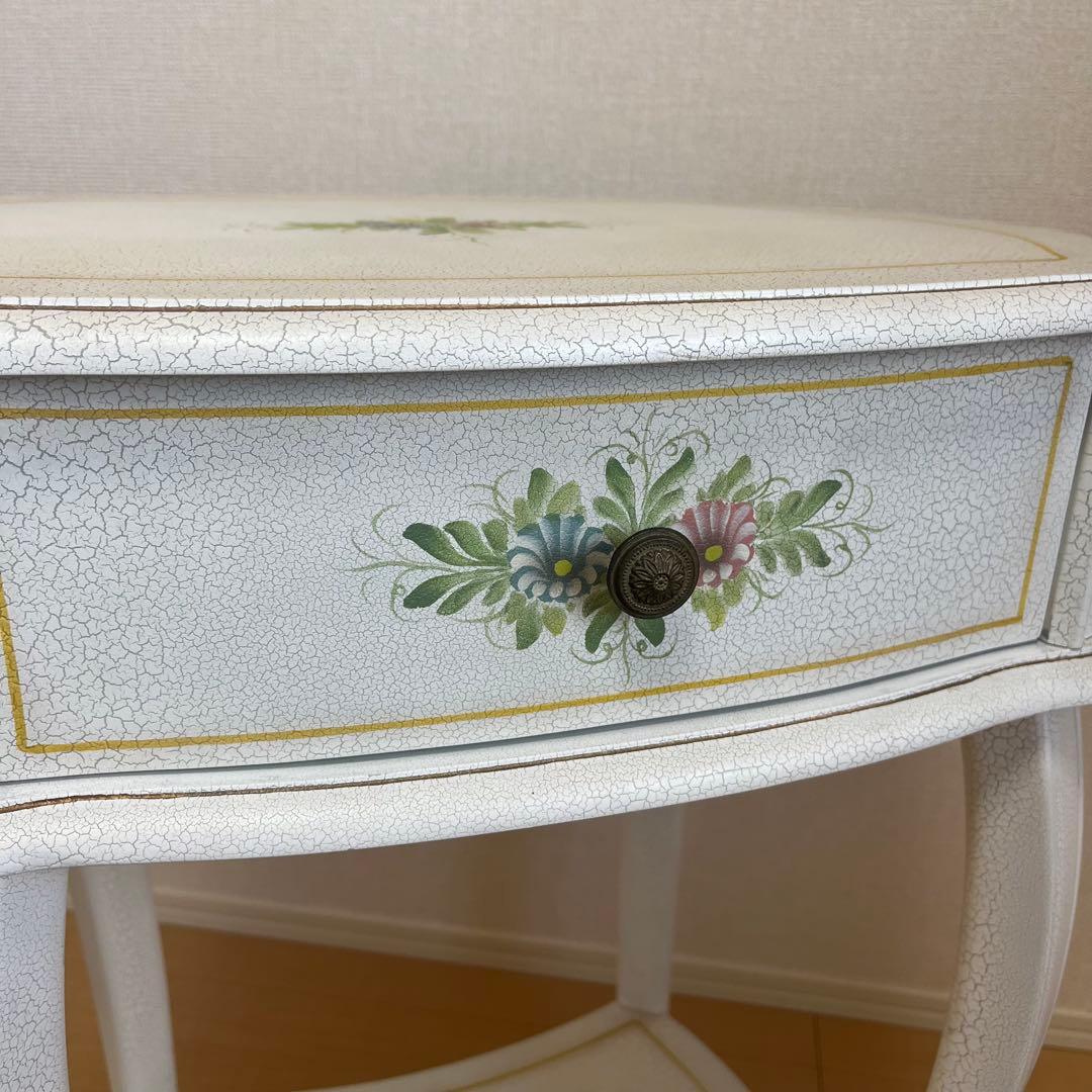 【希少】アンティーク調 フラワーペイント 猫脚サイドテーブル 引き出し付 北欧