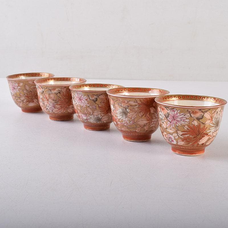 九谷焼 古九谷 赤絵金彩 花鳥文 煎茶碗 五客 D R8651 - メルカリ