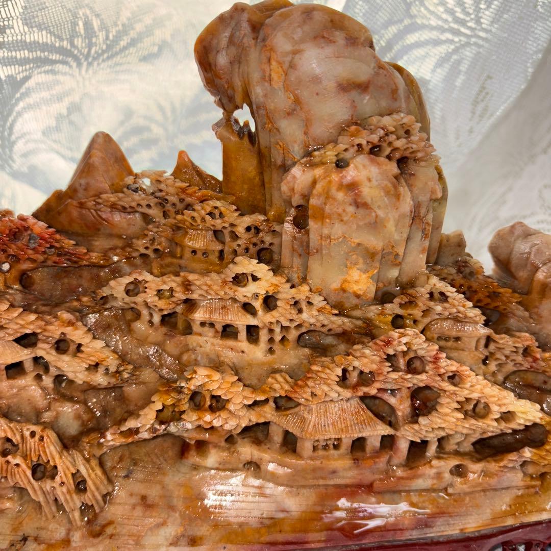 中国翡翠 彫刻 風景 船 山景色　置物　アート　40cm