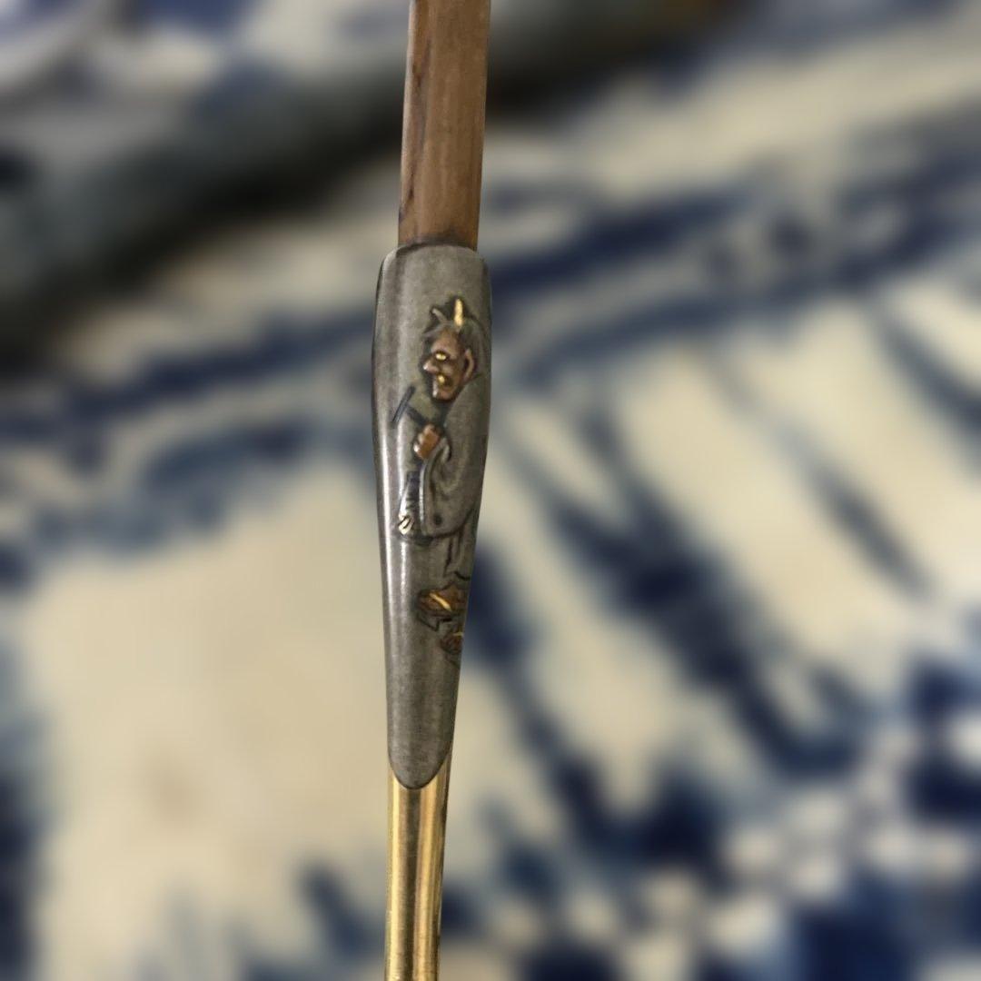 金工師　芳老　煙管　キセル　金口　　在銘　純銀　斑竹