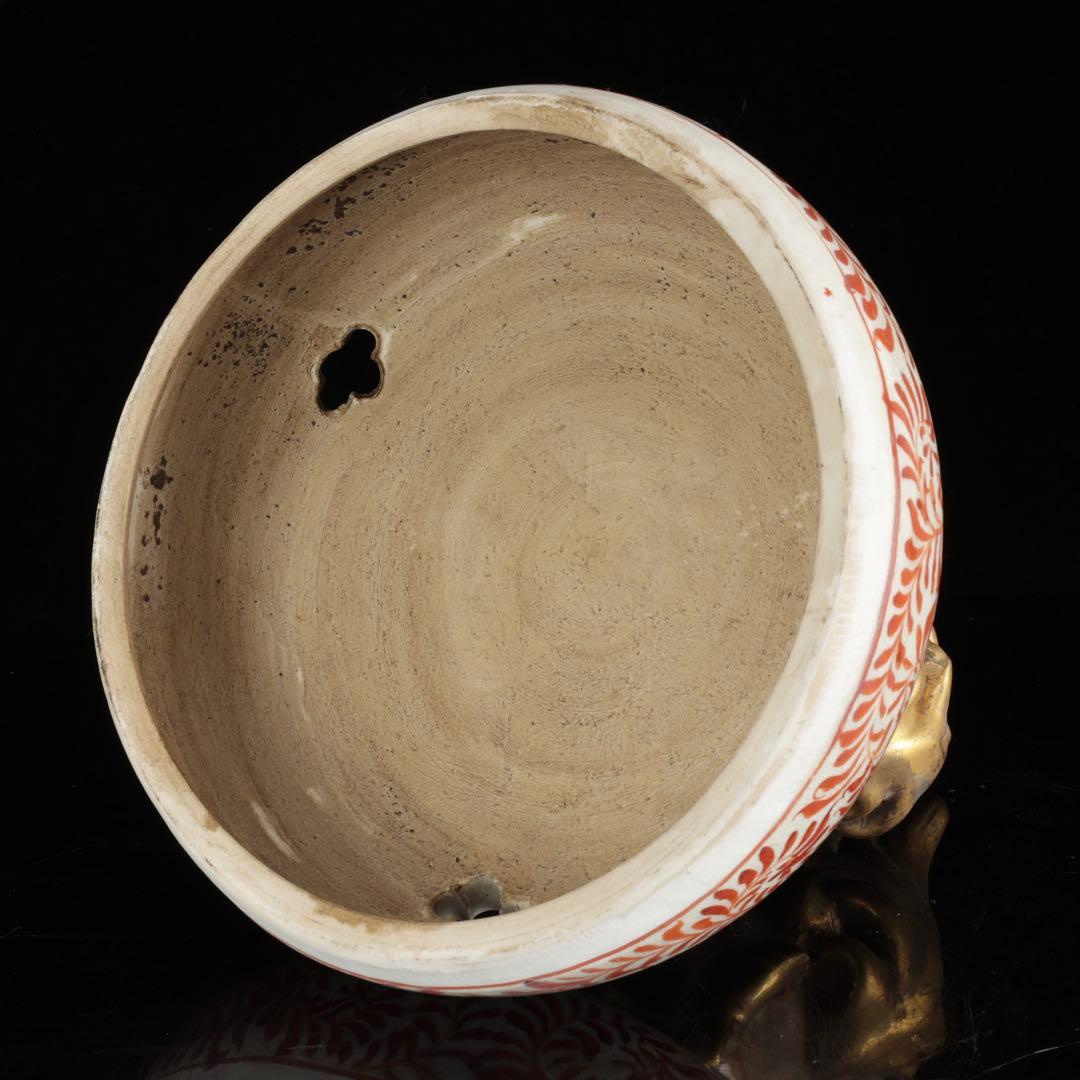 薩摩焼 丸十字家紋 金襴手色絵金彩 武者人物図 獅子摘 三足香炉 特大62cm