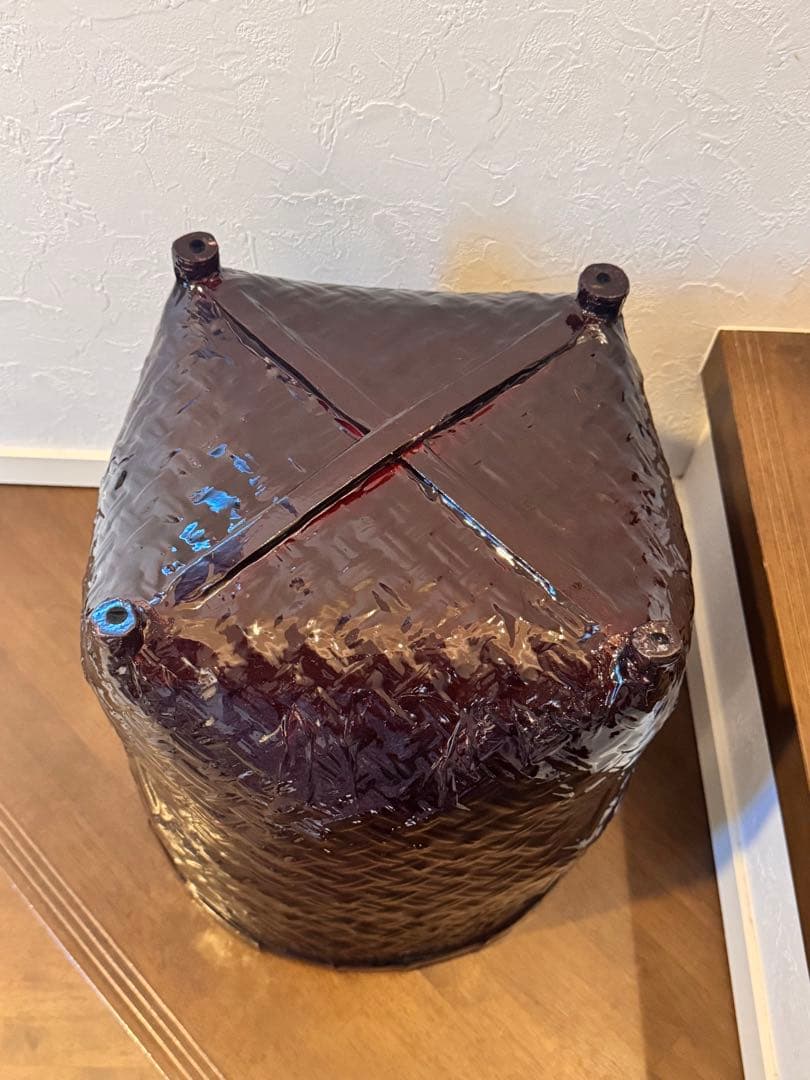 蓋付竹籠★丸つづら★漆塗り★アンティーク★スリッパ入れ