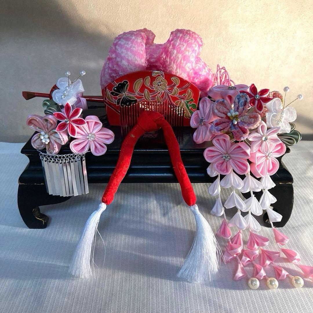 専用　七五三 小さめさん対応　縮緬梅の花簪　櫛平打ち簪　水引ビラ簪　ピンク鹿の子