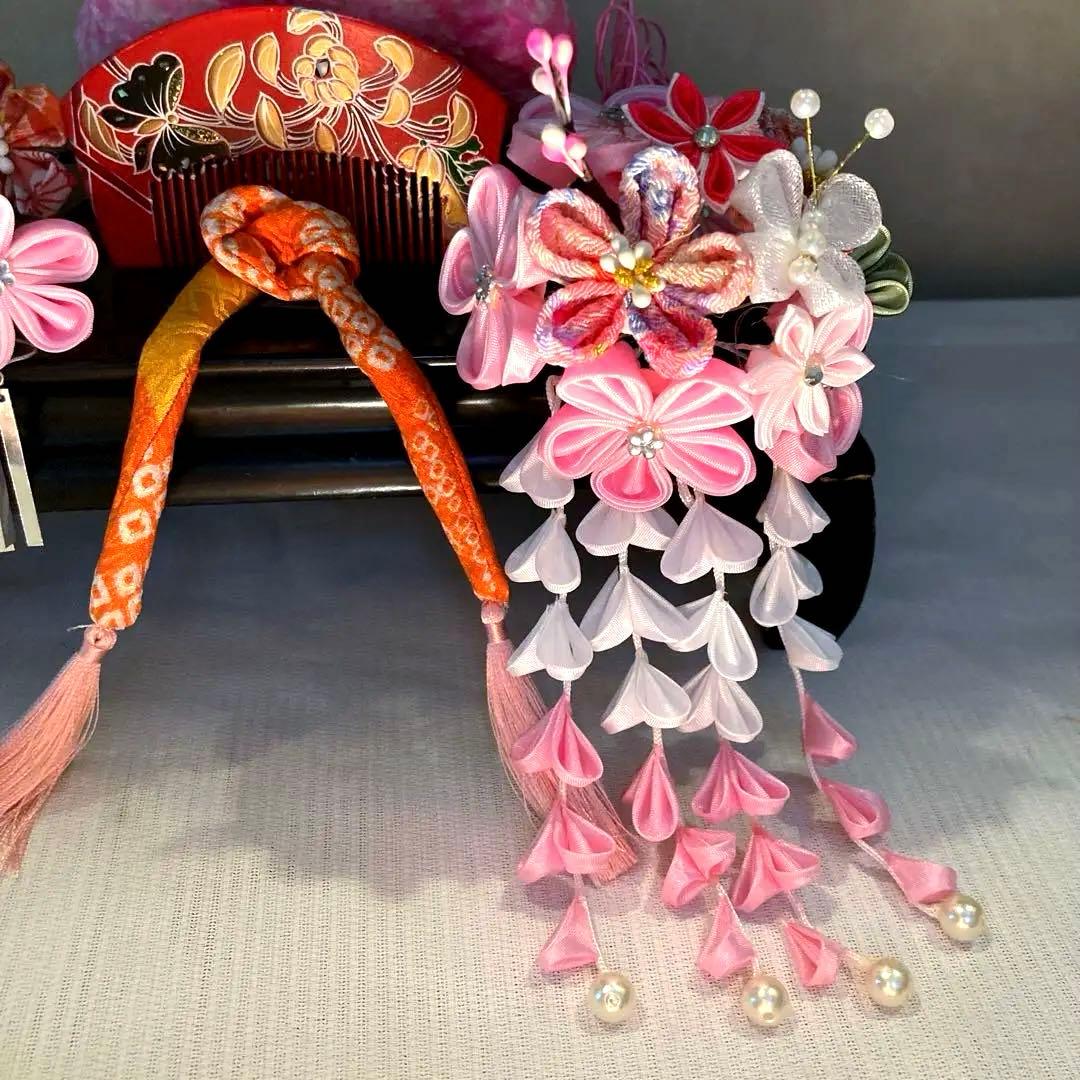 専用　七五三 小さめさん対応　縮緬梅の花簪　櫛平打ち簪　水引ビラ簪　ピンク鹿の子