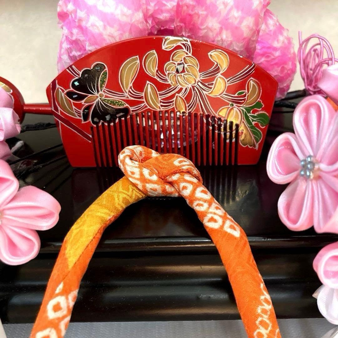 専用　七五三 小さめさん対応　縮緬梅の花簪　櫛平打ち簪　水引ビラ簪　ピンク鹿の子