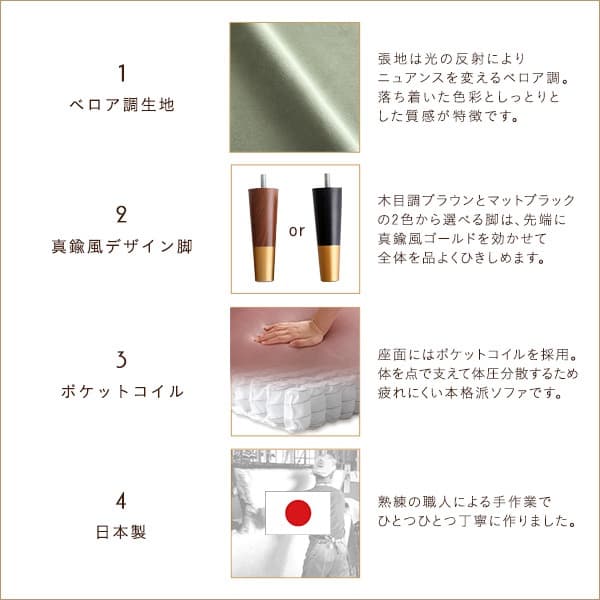 【送料無料】大人かわいい 片肘2人掛けベロアソファ コーナー ポケットコイル