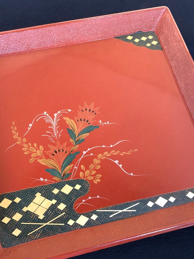 《R》朱塗 蒔絵 四方膳 会席膳5客 銘々盆 木製漆器 260209け1