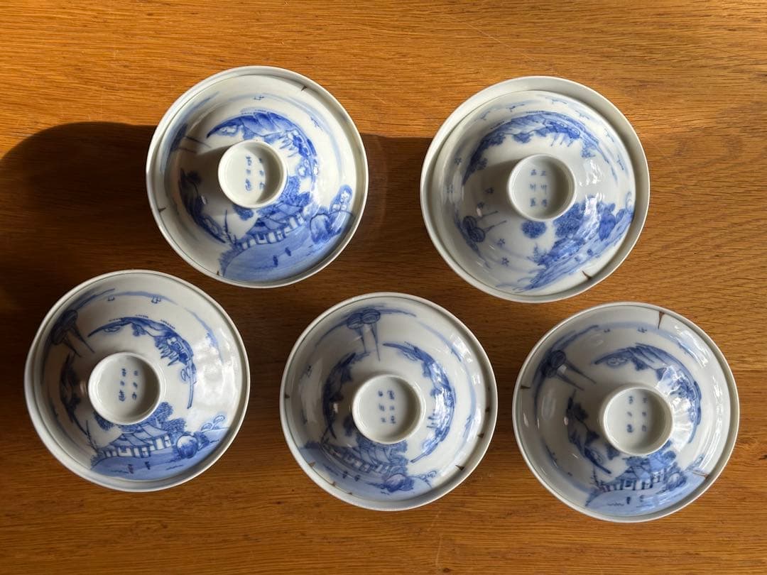 【超珍品】透ける薄さ！古伊万里　卵殻手　染付山水人物紋　蓋物　5客セット有田焼