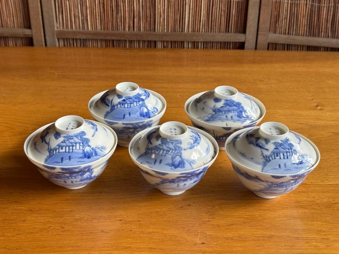 【超珍品】透ける薄さ！古伊万里　卵殻手　染付山水人物紋　蓋物　5客セット有田焼